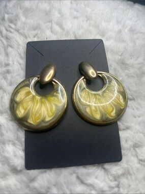 Vintage Yellow Swirl Hoop Drop Earrings - Unbranded